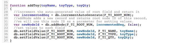 Example : Adding a new record by db.addNode and setting new value to each field by db.setFieldValue